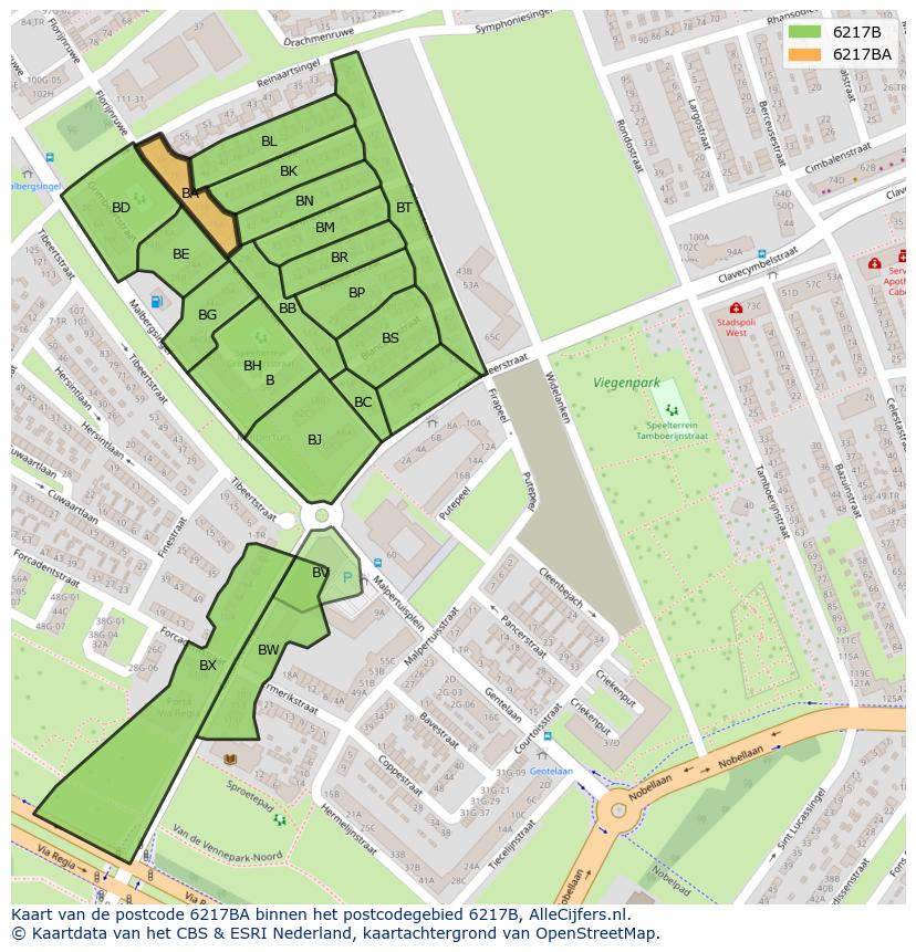 Afbeelding van het postcodegebied 6217 BA op de kaart.