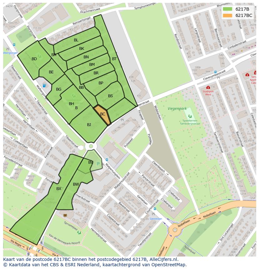 Afbeelding van het postcodegebied 6217 BC op de kaart.