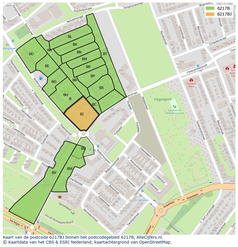 Afbeelding van het postcodegebied 6217 BJ op de kaart.