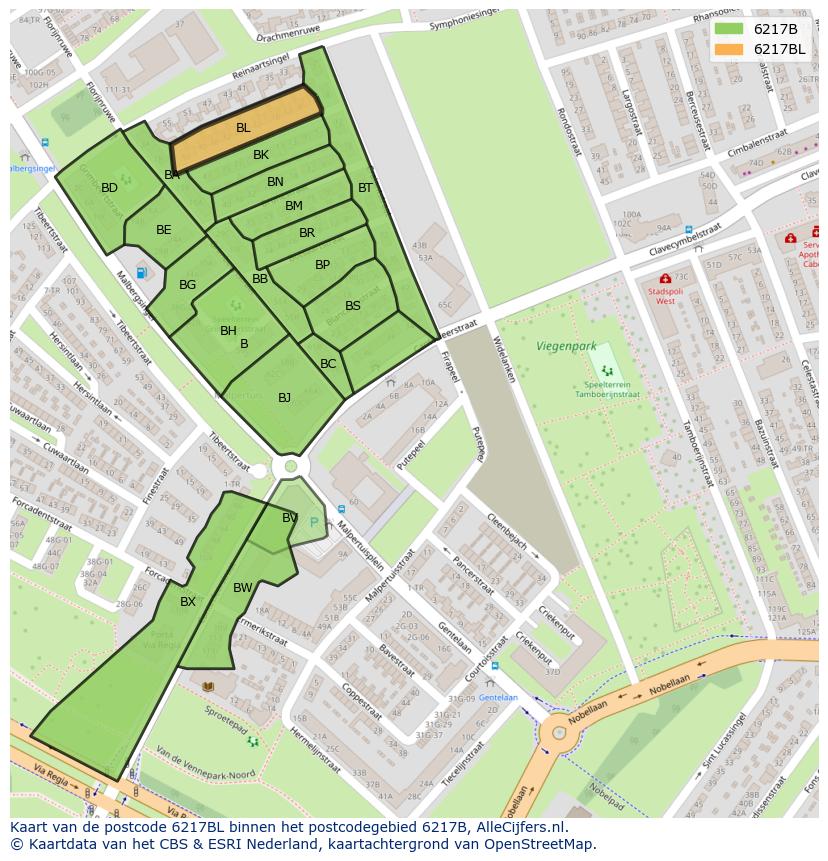 Afbeelding van het postcodegebied 6217 BL op de kaart.