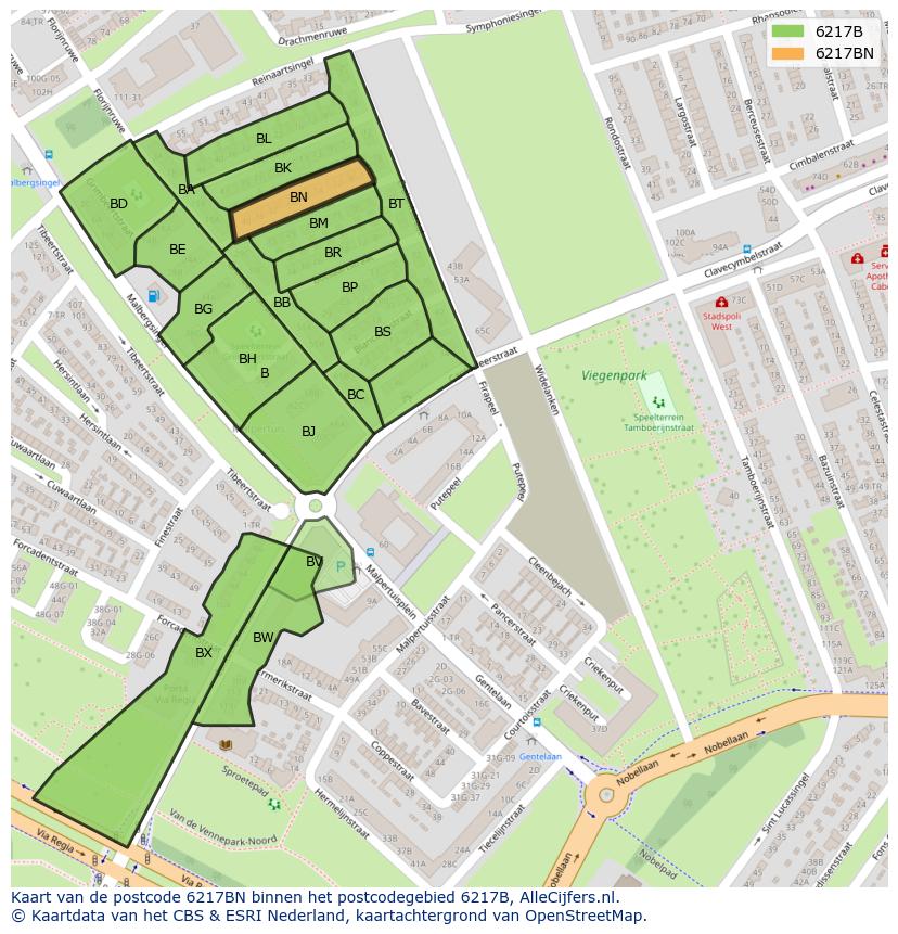 Afbeelding van het postcodegebied 6217 BN op de kaart.