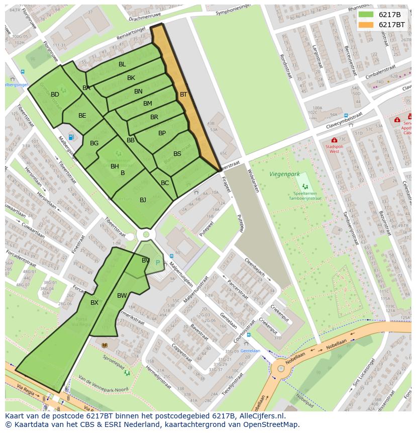 Afbeelding van het postcodegebied 6217 BT op de kaart.