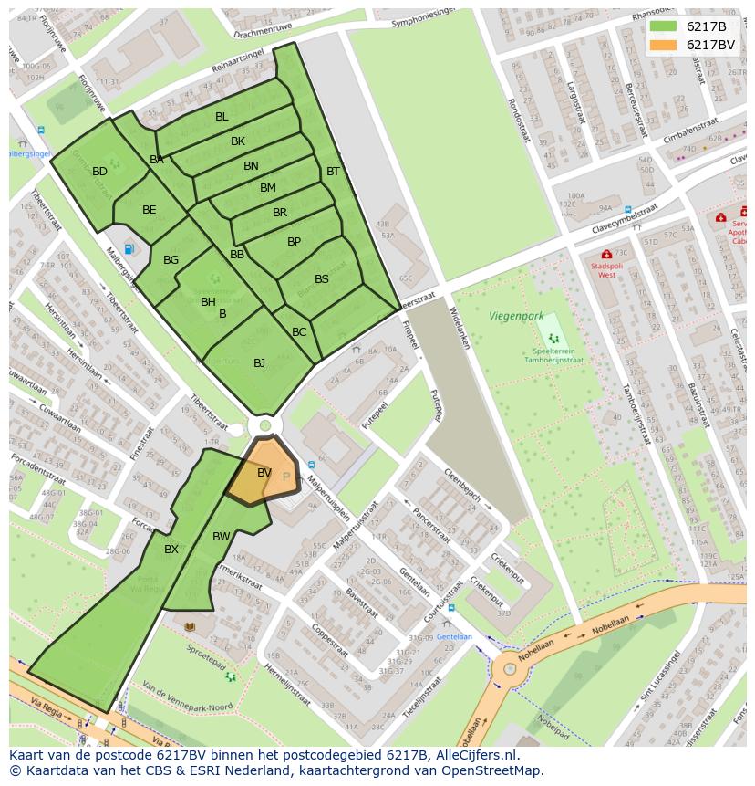 Afbeelding van het postcodegebied 6217 BV op de kaart.
