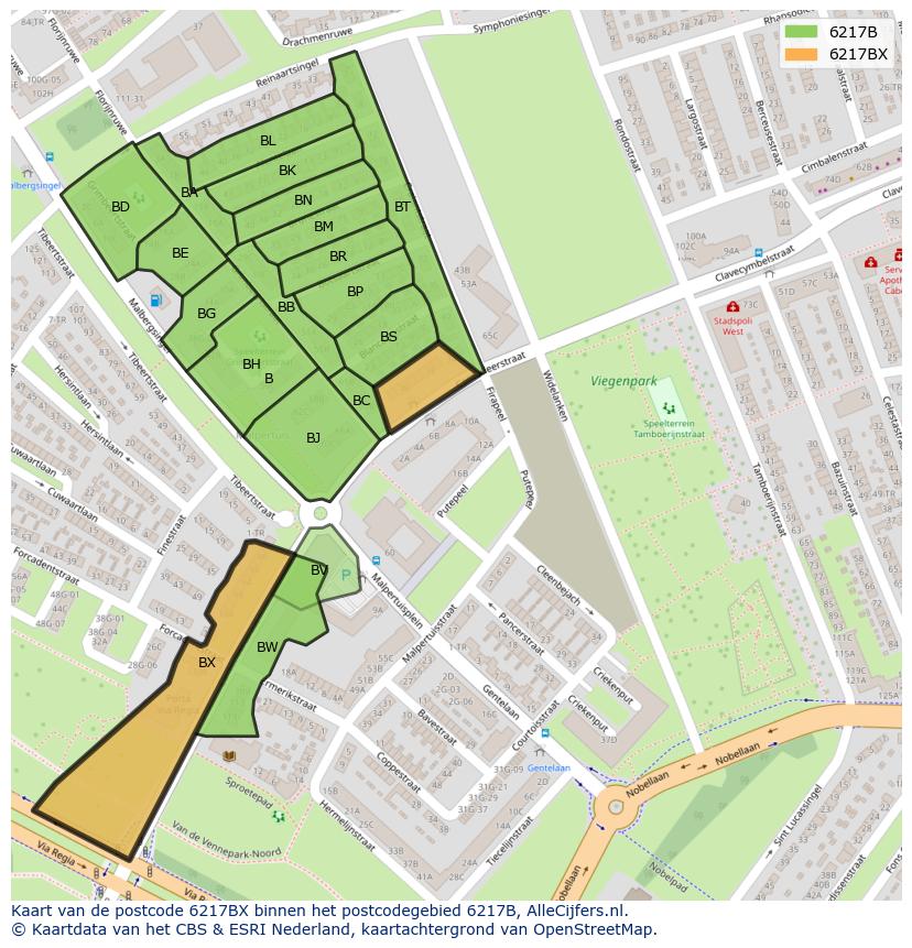 Afbeelding van het postcodegebied 6217 BX op de kaart.