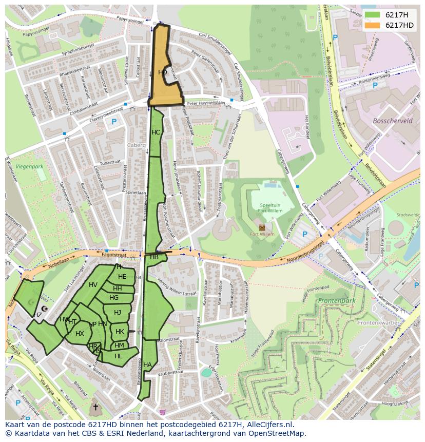 Afbeelding van het postcodegebied 6217 HD op de kaart.