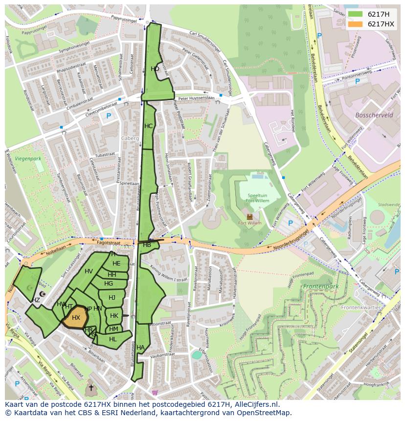 Afbeelding van het postcodegebied 6217 HX op de kaart.