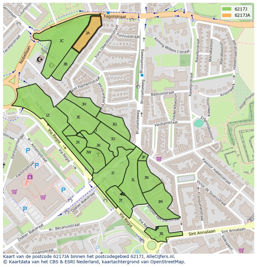 Afbeelding van het postcodegebied 6217 JA op de kaart.