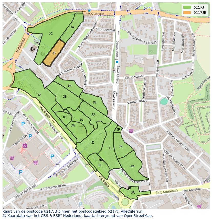 Afbeelding van het postcodegebied 6217 JB op de kaart.