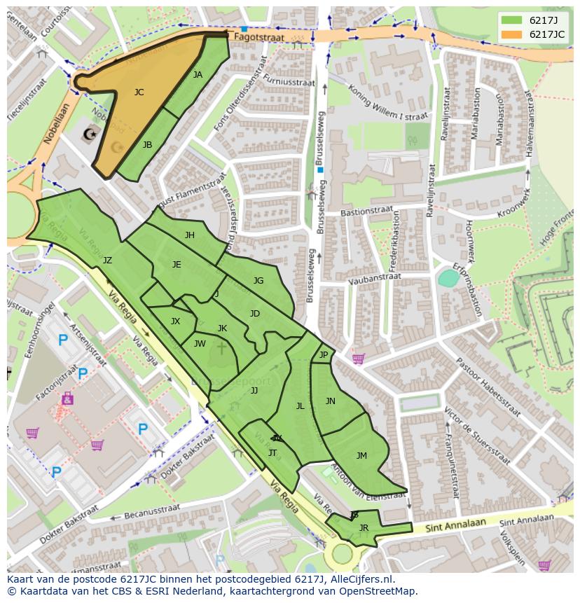 Afbeelding van het postcodegebied 6217 JC op de kaart.
