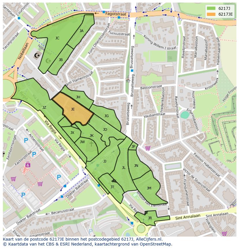 Afbeelding van het postcodegebied 6217 JE op de kaart.