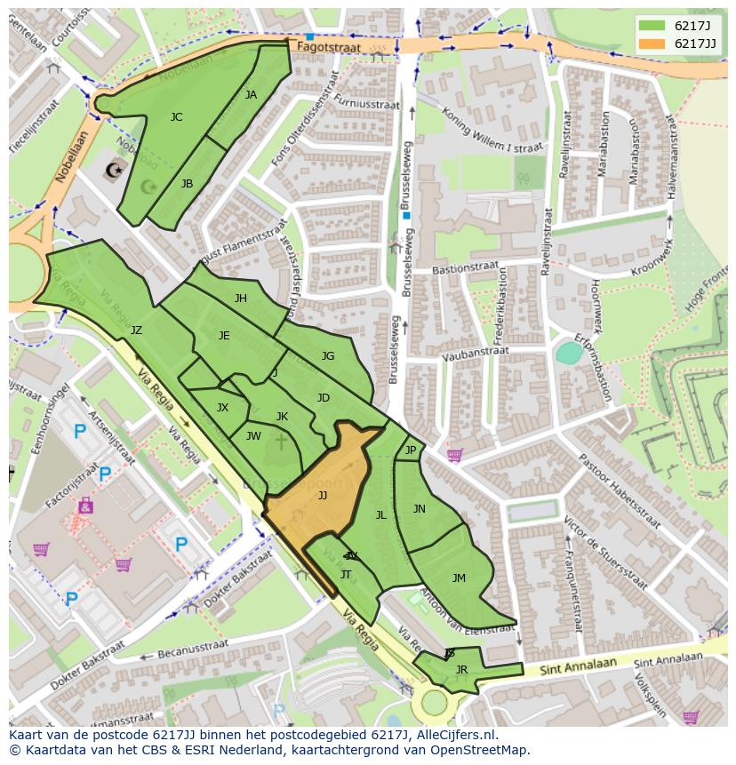 Afbeelding van het postcodegebied 6217 JJ op de kaart.