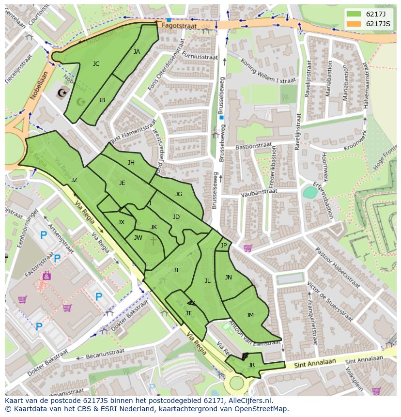 Afbeelding van het postcodegebied 6217 JS op de kaart.