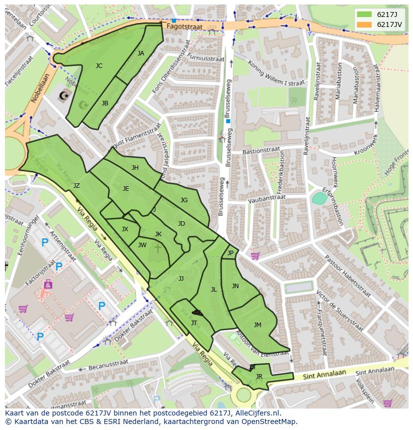 Afbeelding van het postcodegebied 6217 JV op de kaart.