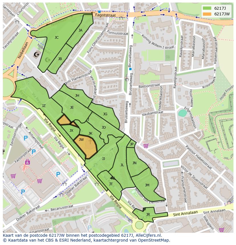 Afbeelding van het postcodegebied 6217 JW op de kaart.