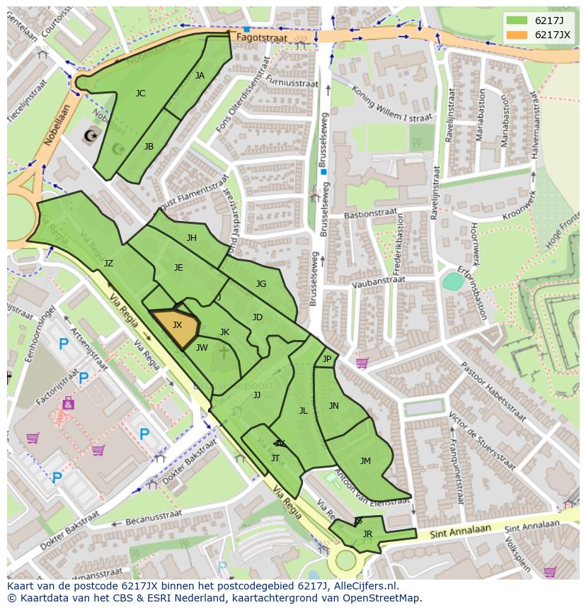 Afbeelding van het postcodegebied 6217 JX op de kaart.