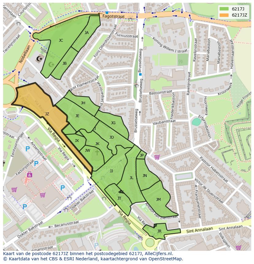 Afbeelding van het postcodegebied 6217 JZ op de kaart.