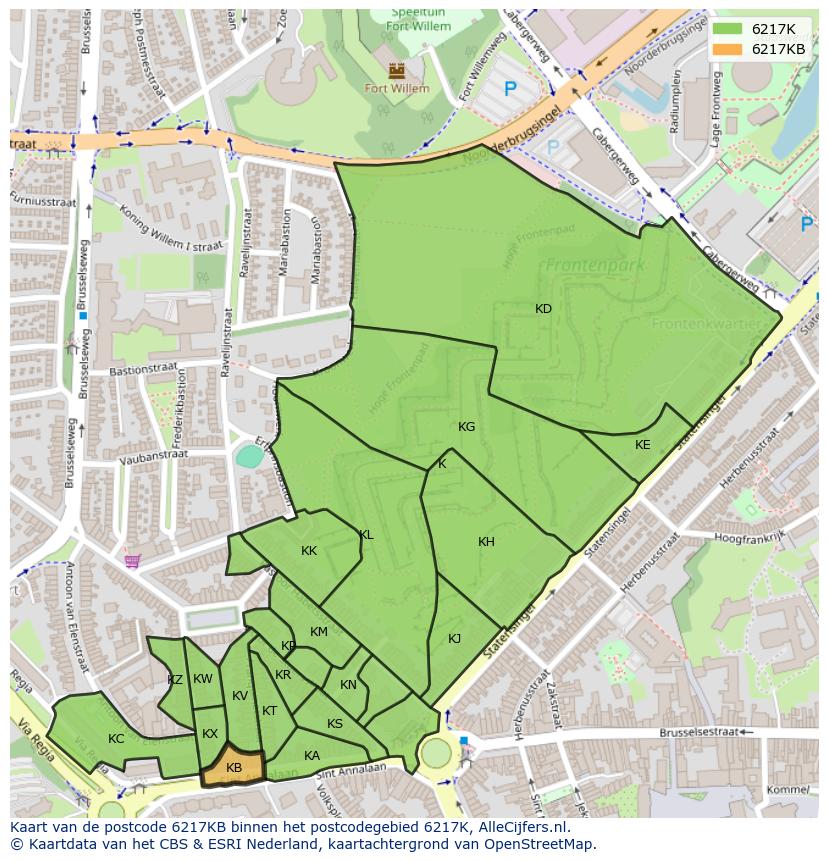 Afbeelding van het postcodegebied 6217 KB op de kaart.