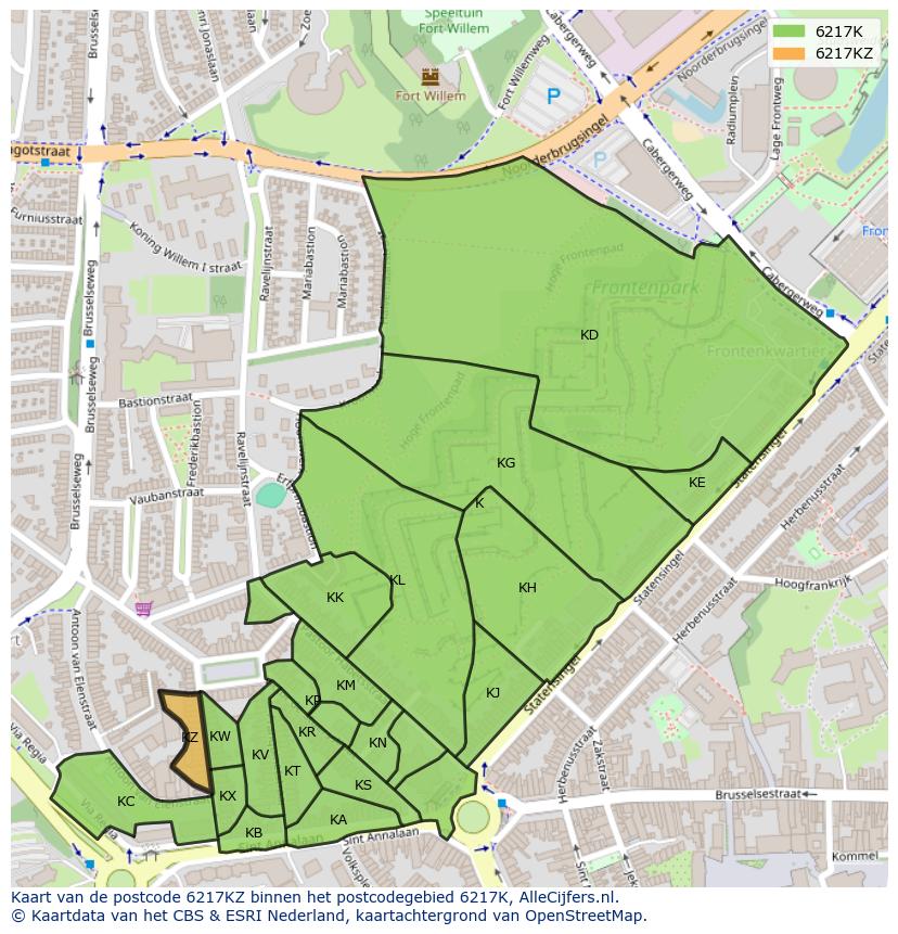 Afbeelding van het postcodegebied 6217 KZ op de kaart.