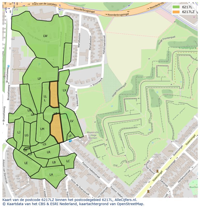 Afbeelding van het postcodegebied 6217 LZ op de kaart.