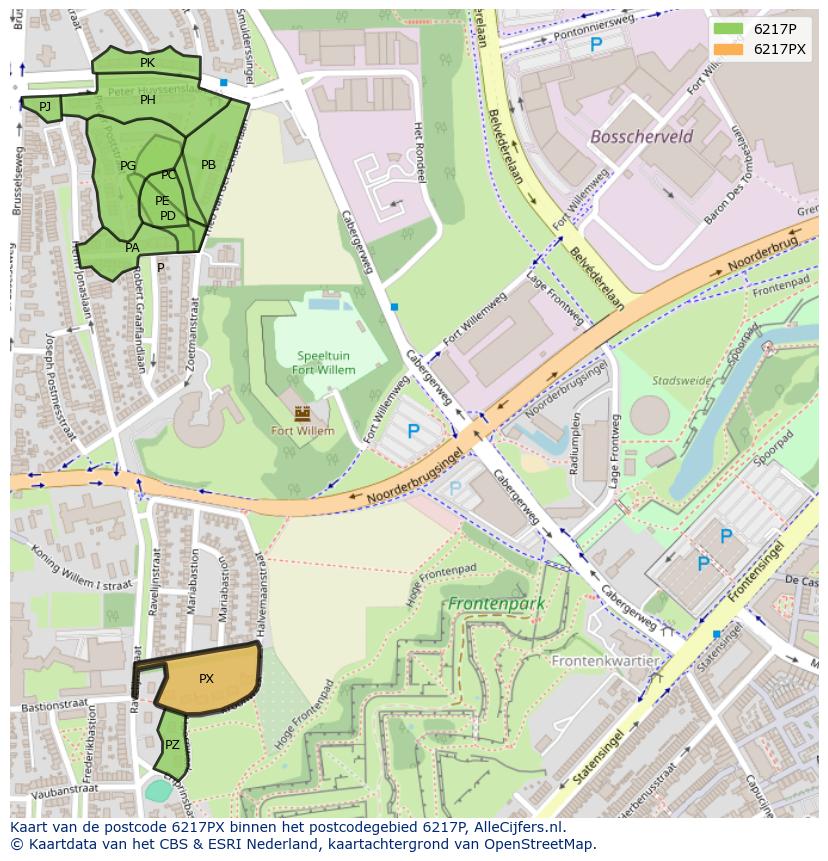 Afbeelding van het postcodegebied 6217 PX op de kaart.