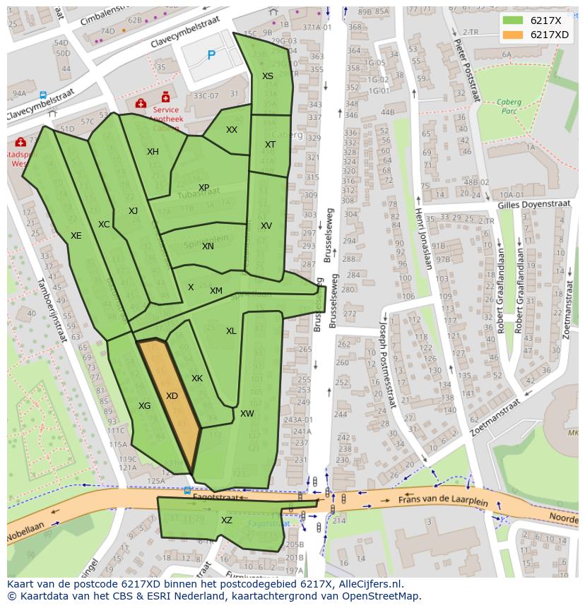 Afbeelding van het postcodegebied 6217 XD op de kaart.