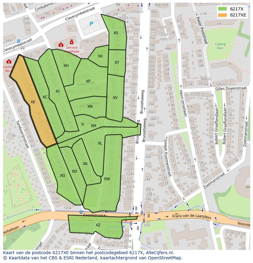 Afbeelding van het postcodegebied 6217 XE op de kaart.