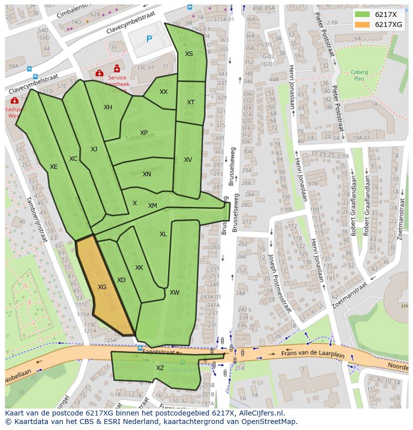 Afbeelding van het postcodegebied 6217 XG op de kaart.