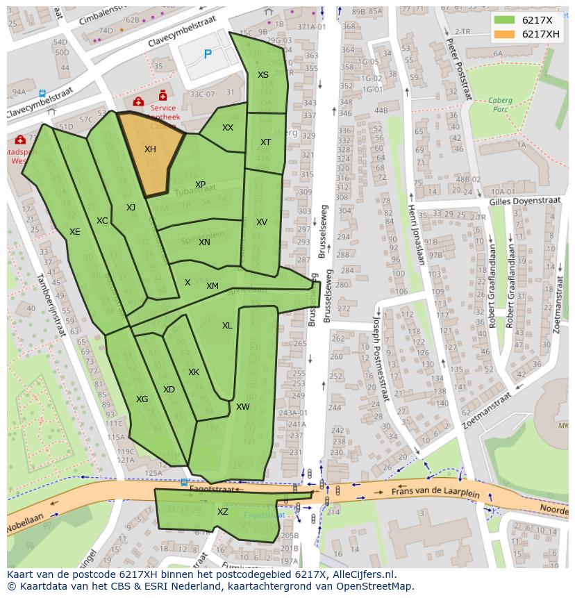 Afbeelding van het postcodegebied 6217 XH op de kaart.