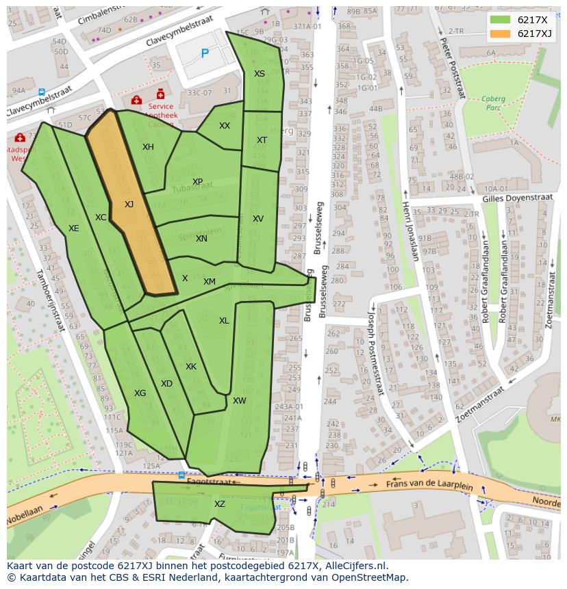 Afbeelding van het postcodegebied 6217 XJ op de kaart.