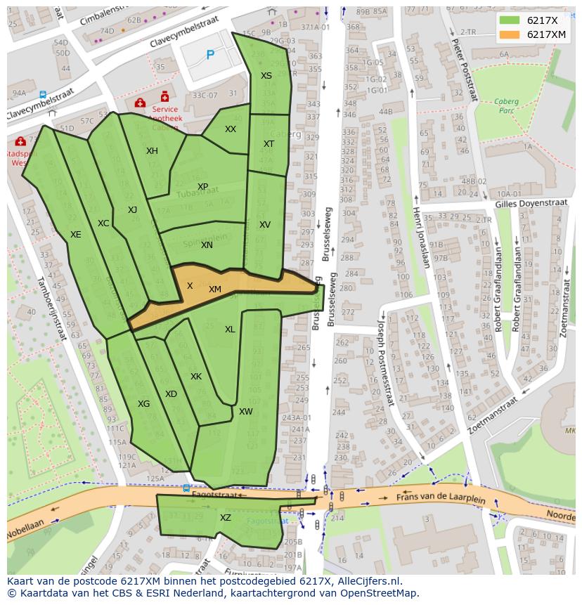 Afbeelding van het postcodegebied 6217 XM op de kaart.