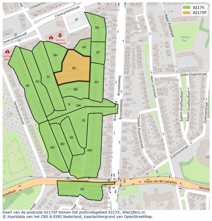 Afbeelding van het postcodegebied 6217 XP op de kaart.
