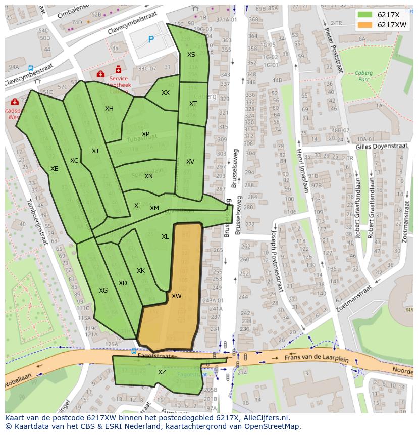 Afbeelding van het postcodegebied 6217 XW op de kaart.