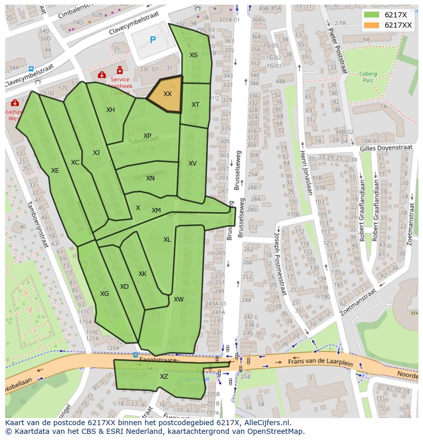 Afbeelding van het postcodegebied 6217 XX op de kaart.