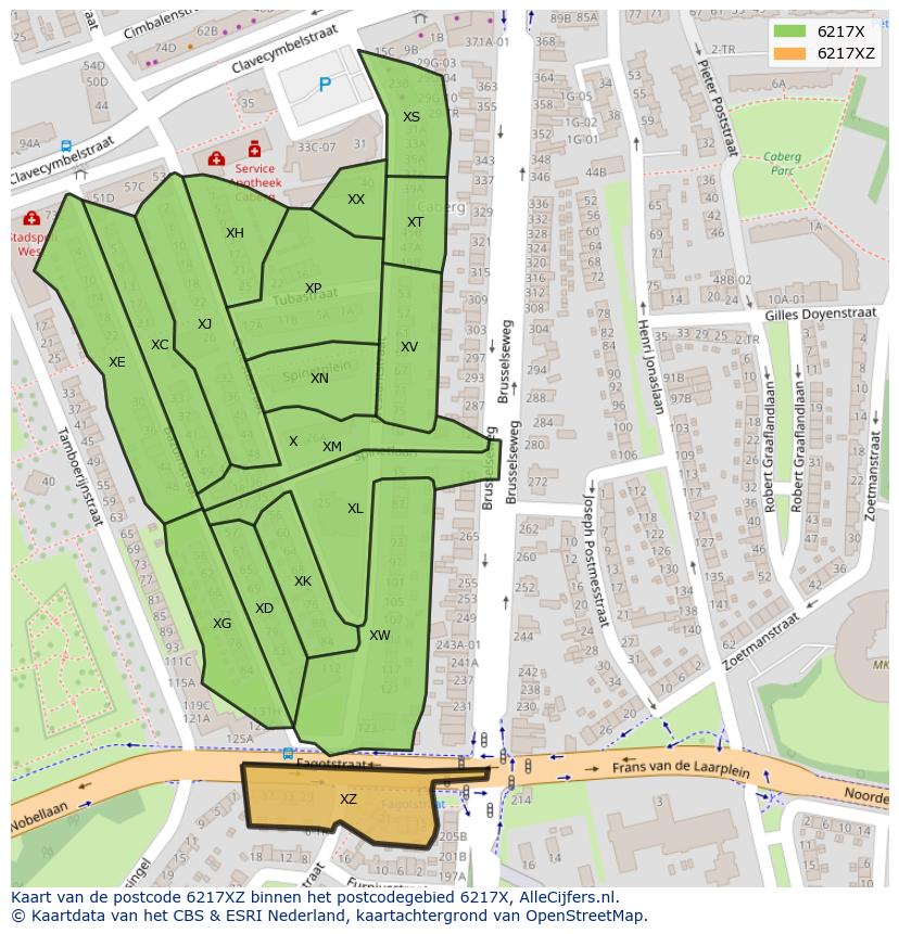 Afbeelding van het postcodegebied 6217 XZ op de kaart.