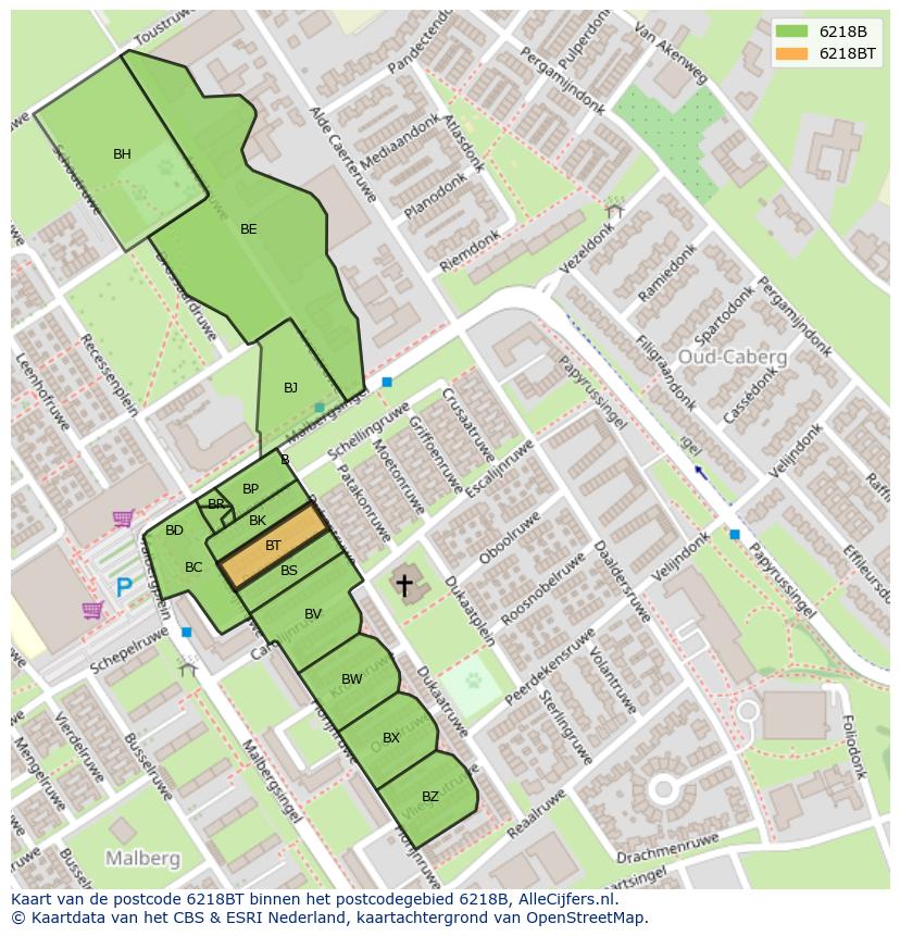 Afbeelding van het postcodegebied 6218 BT op de kaart.