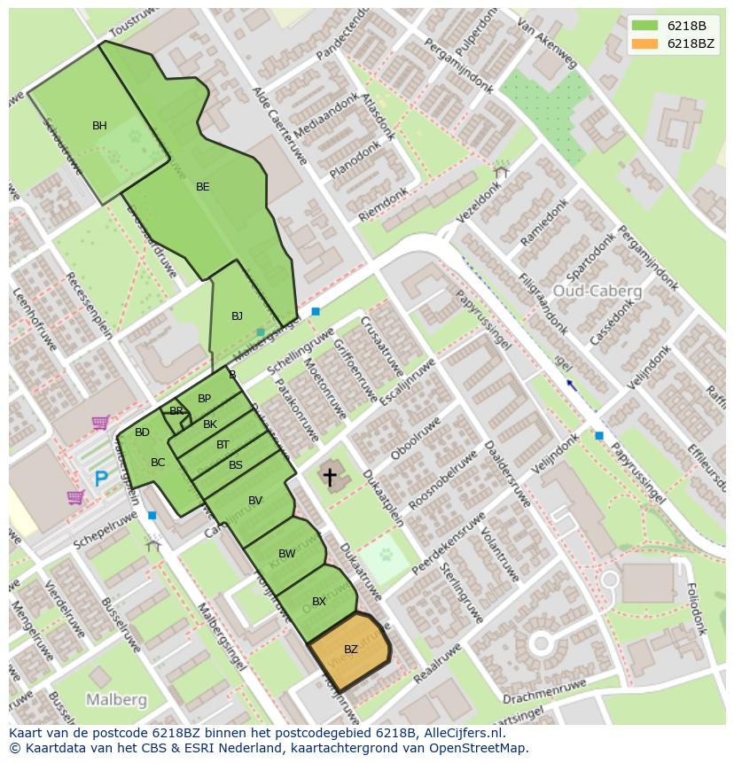 Afbeelding van het postcodegebied 6218 BZ op de kaart.