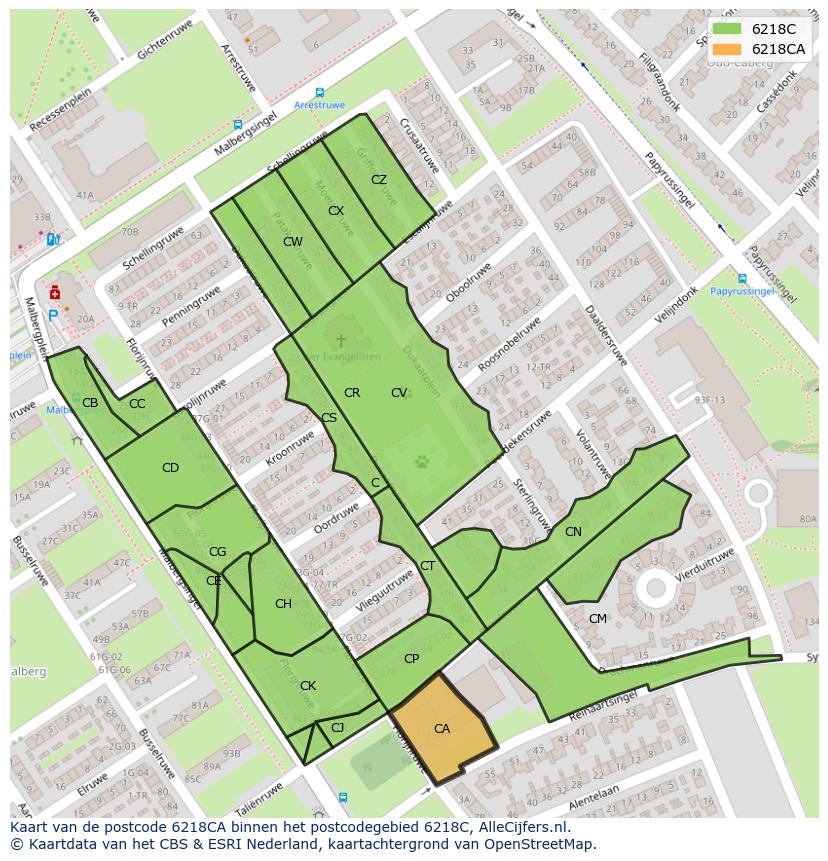 Afbeelding van het postcodegebied 6218 CA op de kaart.