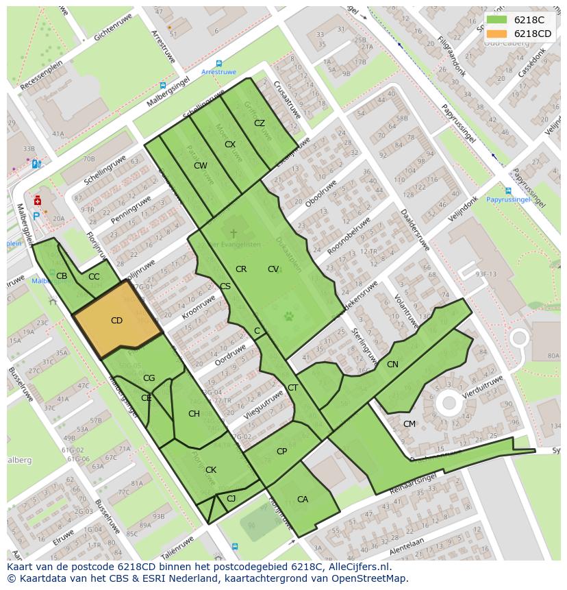 Afbeelding van het postcodegebied 6218 CD op de kaart.