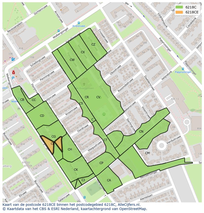 Afbeelding van het postcodegebied 6218 CE op de kaart.