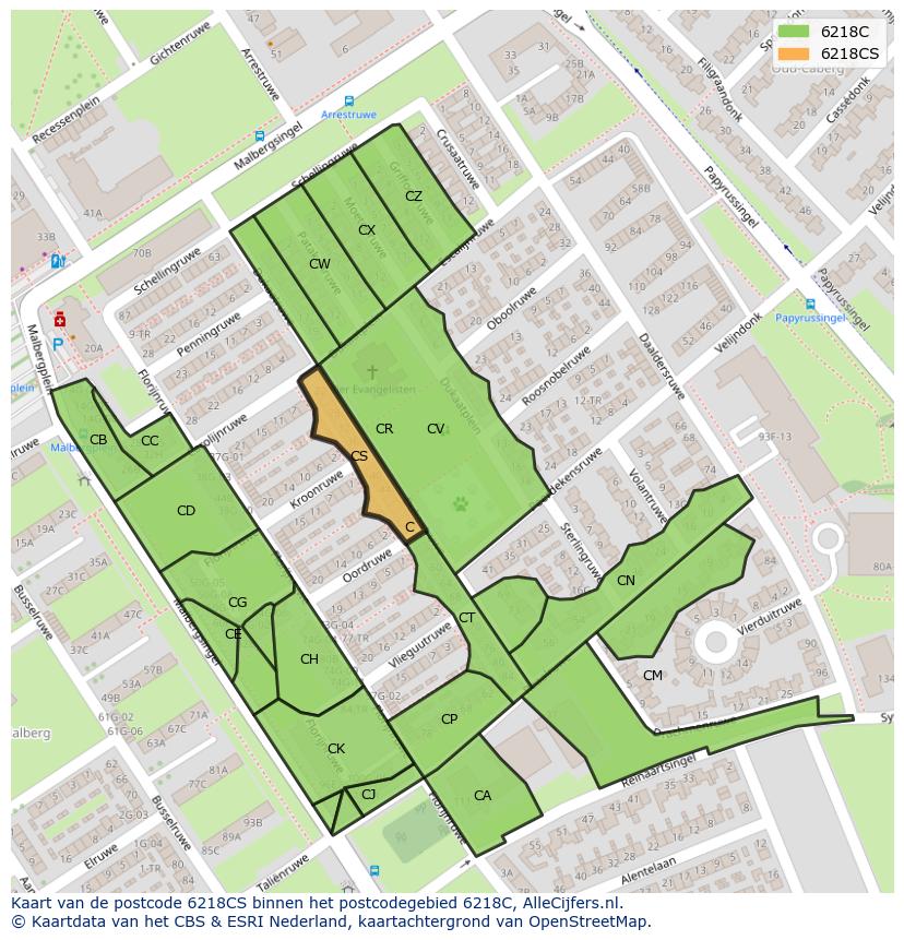 Afbeelding van het postcodegebied 6218 CS op de kaart.