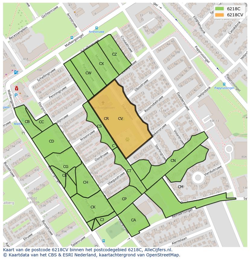Afbeelding van het postcodegebied 6218 CV op de kaart.
