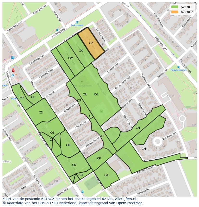 Afbeelding van het postcodegebied 6218 CZ op de kaart.