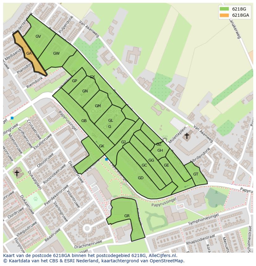 Afbeelding van het postcodegebied 6218 GA op de kaart.