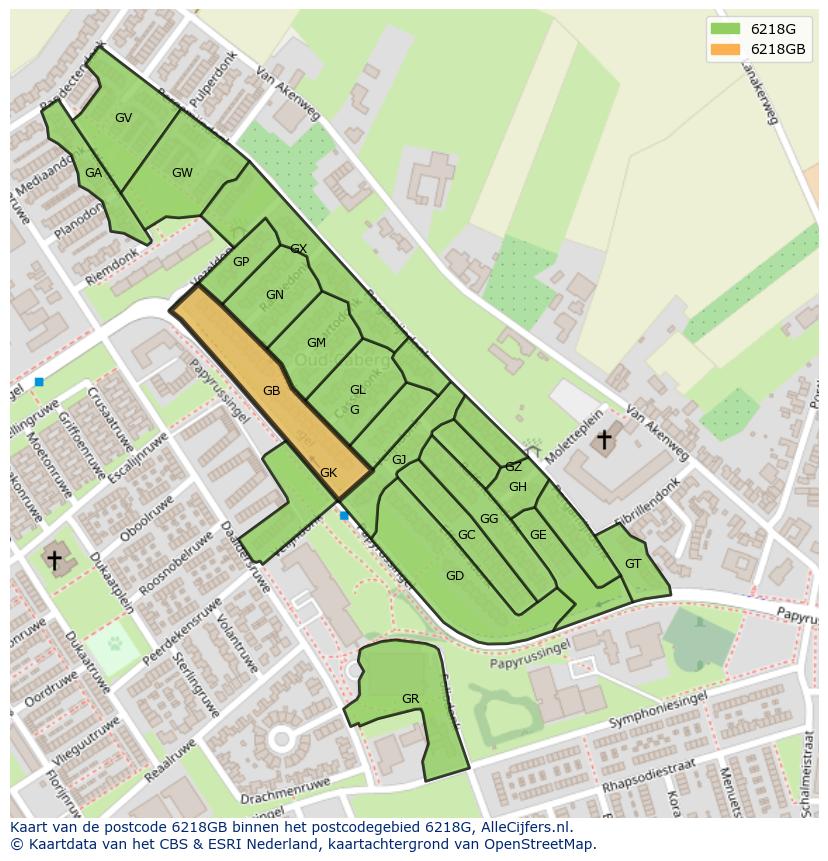Afbeelding van het postcodegebied 6218 GB op de kaart.