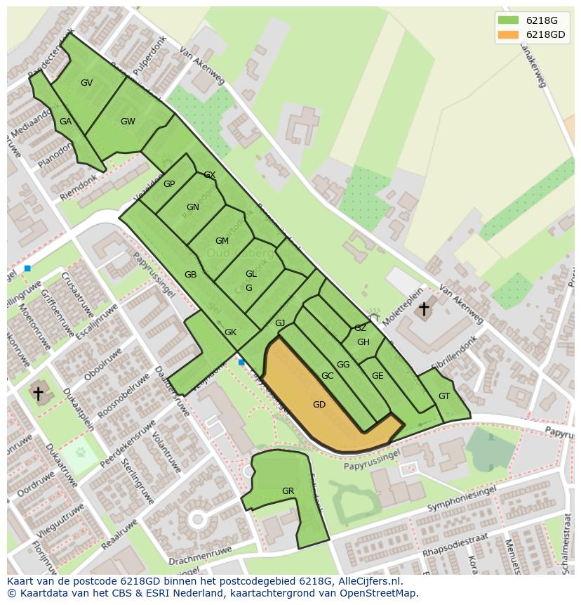 Afbeelding van het postcodegebied 6218 GD op de kaart.