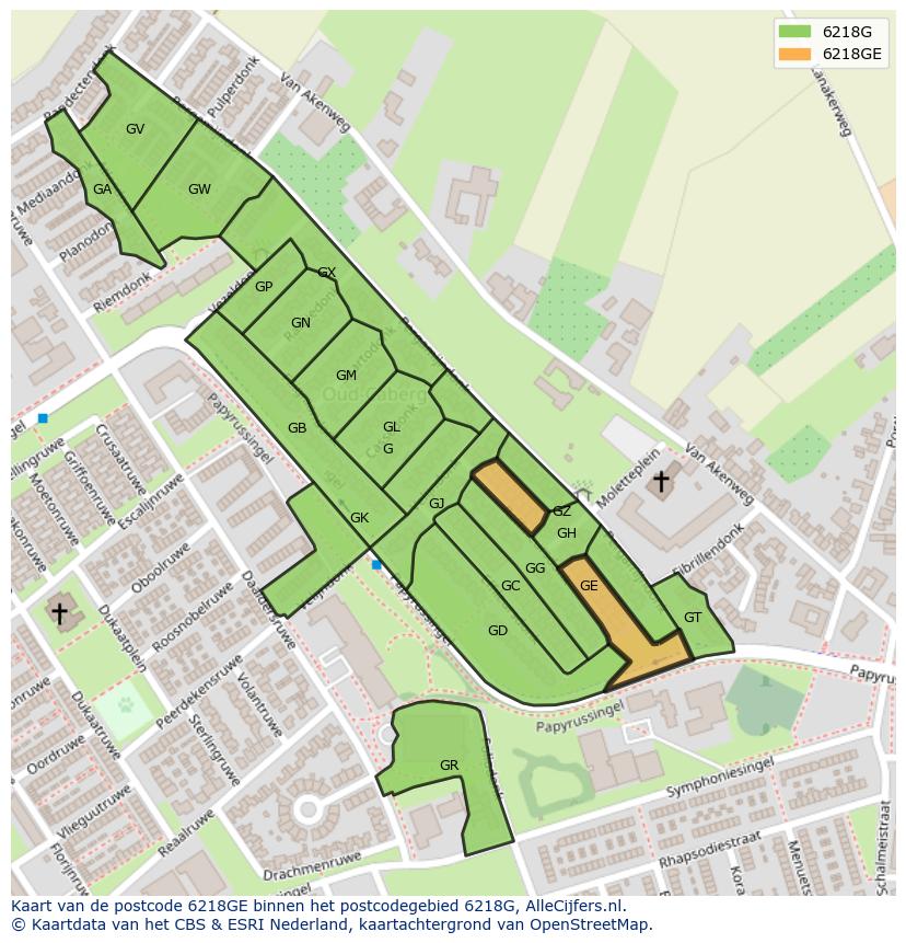 Afbeelding van het postcodegebied 6218 GE op de kaart.