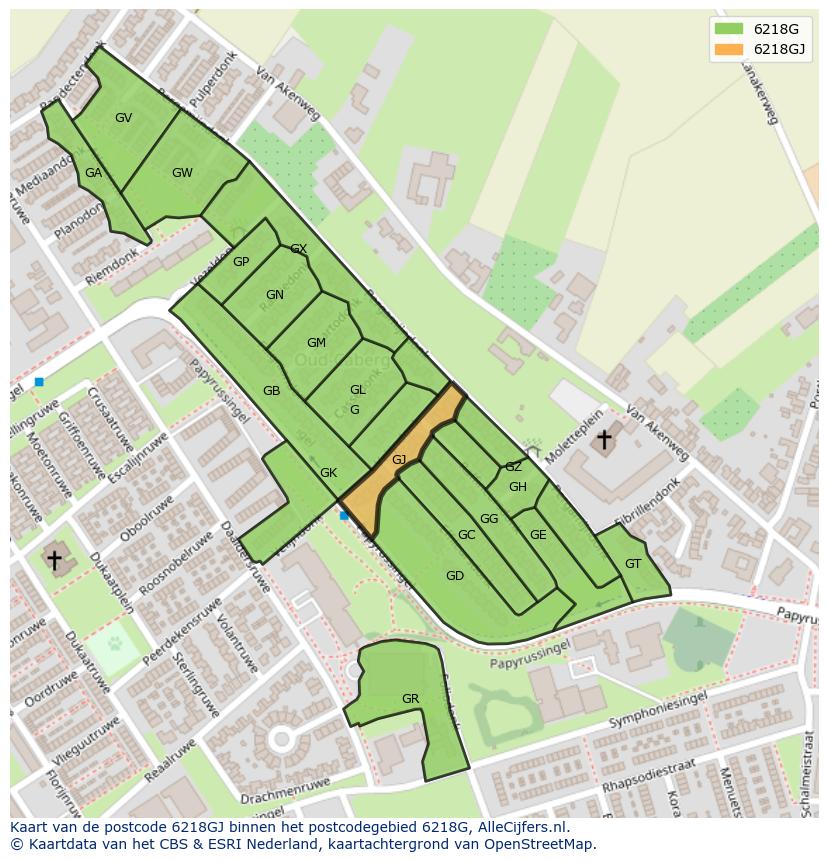 Afbeelding van het postcodegebied 6218 GJ op de kaart.