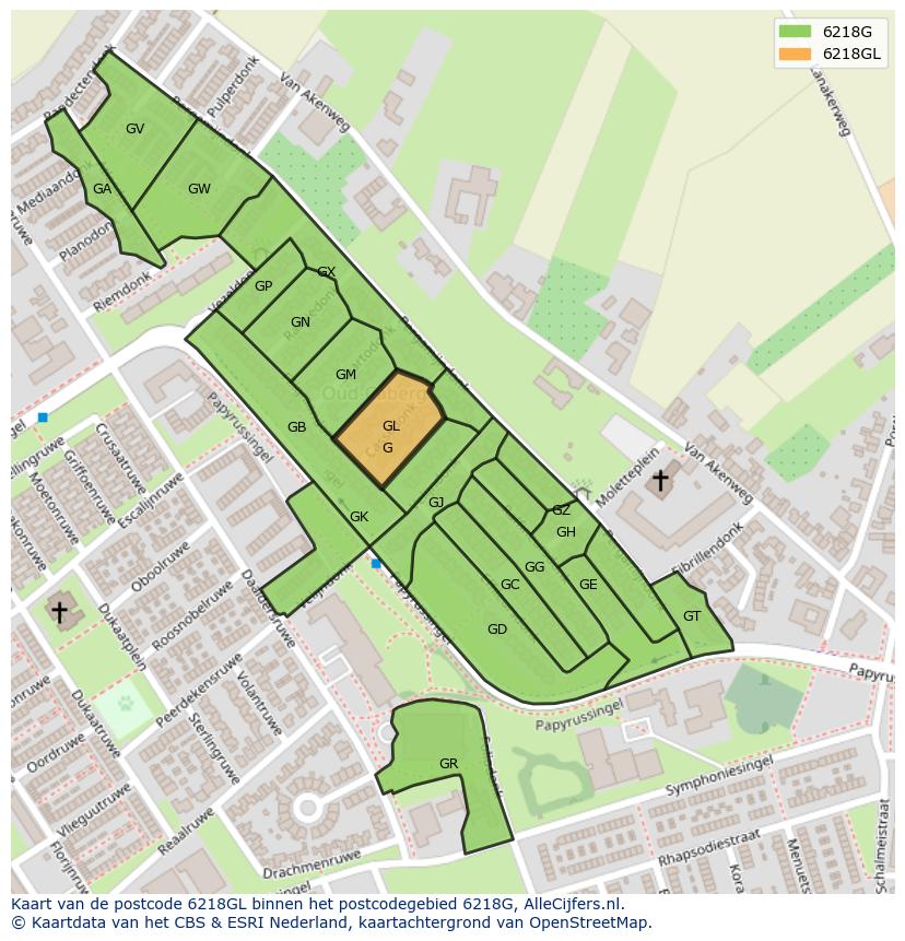 Afbeelding van het postcodegebied 6218 GL op de kaart.