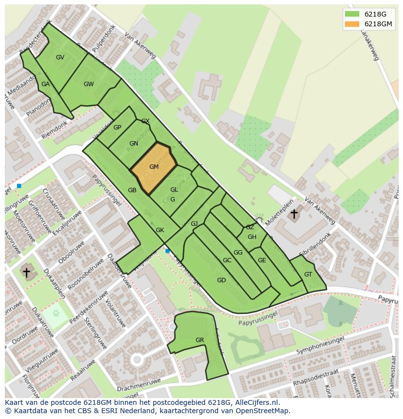 Afbeelding van het postcodegebied 6218 GM op de kaart.