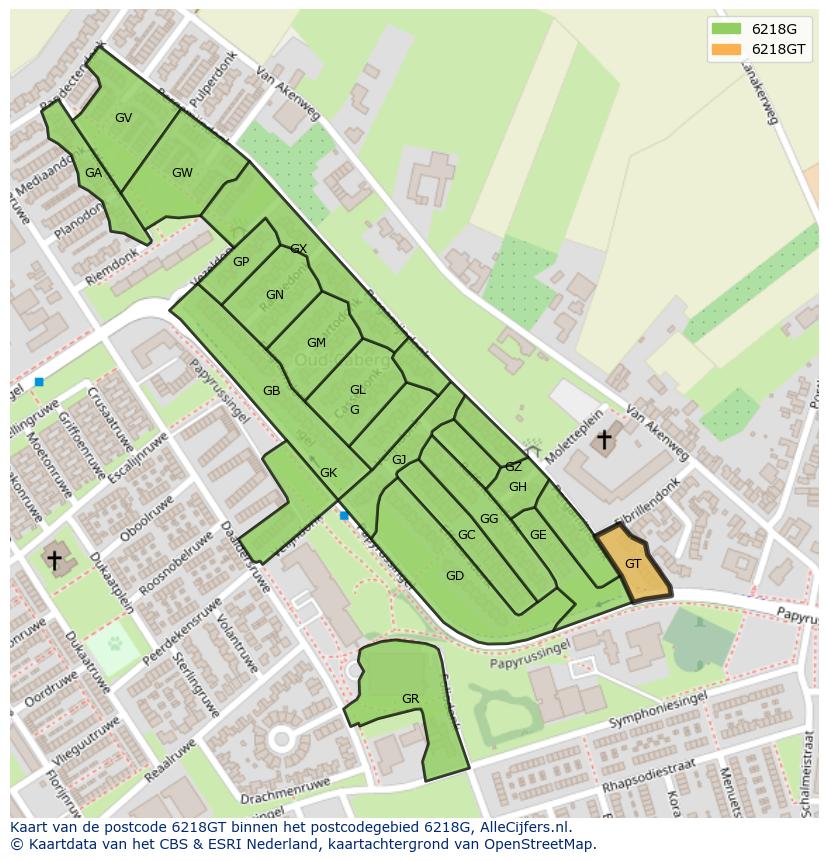 Afbeelding van het postcodegebied 6218 GT op de kaart.